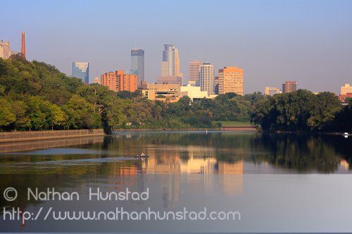 Downtown Minneapolis reflected in the Mississippi River.